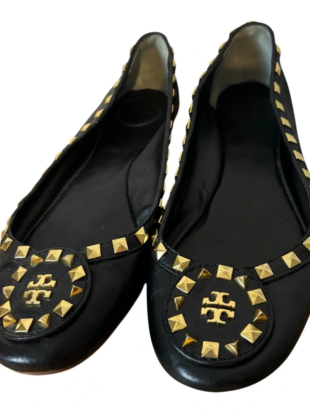 Tory Burch Studded Logo Ballet Flat Shoes Black Leather Size 8 M